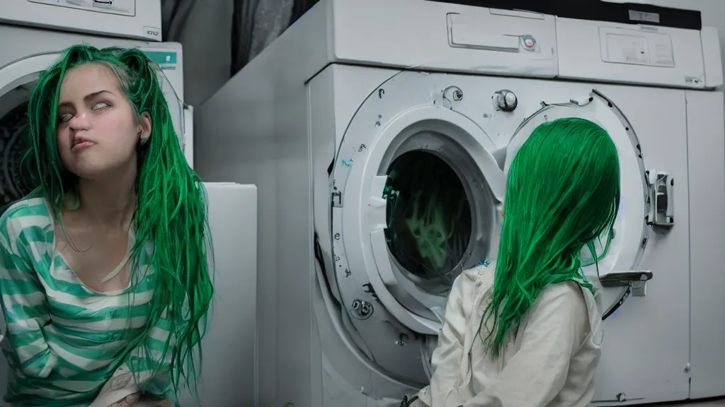 Image similar to a girl with green hair sitting on top of a washing machine in a laundromat