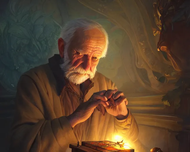 Prompt: photography of an old man picklocking a treasure chest, deep focus, d & d, fantasy, intricate, elegant, highly detailed, digital painting, artstation, concept art, matte, sharp focus, illustration, hearthstone, art by artgerm and greg rutkowski and alphonse mucha