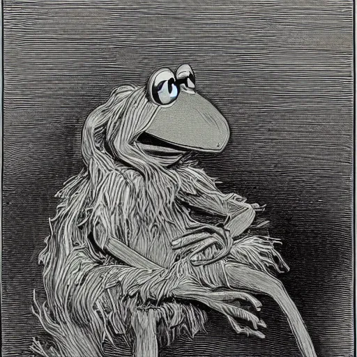 Prompt: Kermit the Frog by Gustave Dore, full body grayscale drawing, swirling flames