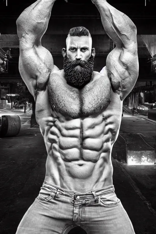 Prompt: a very muscular man with big beard wearing jeans, badass pose, hyperrealistic, concept art, octane render, unreal engine 5, trending on artstation, high quality, highly detailed, stylish, elegant, path traced, black and white, realistic and detailed face, anatomically correct, five fingers, cinematic, high coherence, dramatic lighting, 8 k