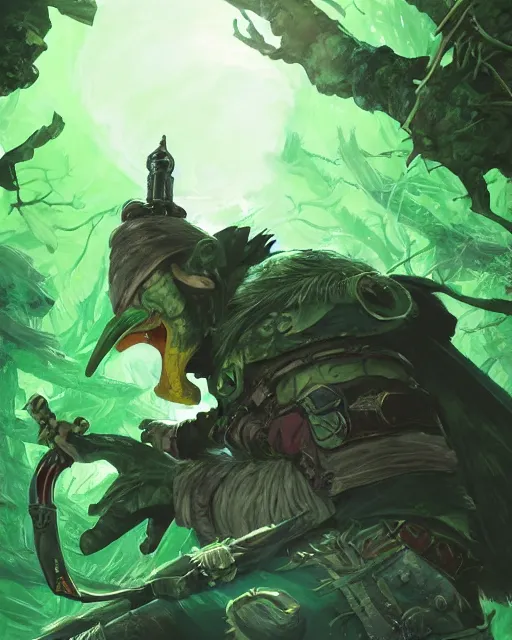 Prompt: Pengolin rogue, green, forest background, magic the gathering artwork, D&D, fantasy, cinematic lighting, centered, symmetrical, highly detailed, digital painting, artstation, concept art, smooth, sharp focus, illustration, volumetric lighting, epic Composition, 8k, art by Akihiko Yoshida and Greg Rutkowski and Craig Mullins, oil painting, cgsociety