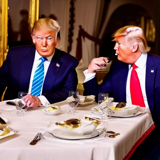 Image similar to Donald Trump and Joe Biden having a romantic dinner date at a fancy fetish restaurant, award winning photography, 85mm, perfect faces