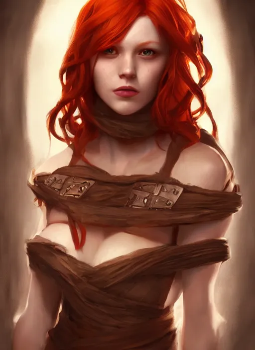 Image similar to Beautiful redhead girl which chest wrapped in bandages, portrait, fantasy, medieval, vivid colors, fantasy, elegant, concept art, sharp focus, beautiful face, digital art, Hyper-realistic, 4K, Unreal Engine, Highly Detailed, HD, Dramatic Lighting by Brom, trending on Artstation