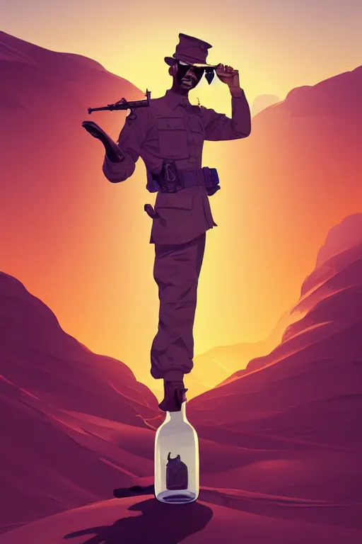 Image similar to funny drunk soldier with bottle in his hand in the desert, smooth face, centered median photoshop filter cutout vector behance hd by artgerm, jesper ejsing, by rhads, makoto shinkai and lois van baarle, ilya kuvshinov, rossdraws, illustration, art by ilya kuvshinov and gustav klimt