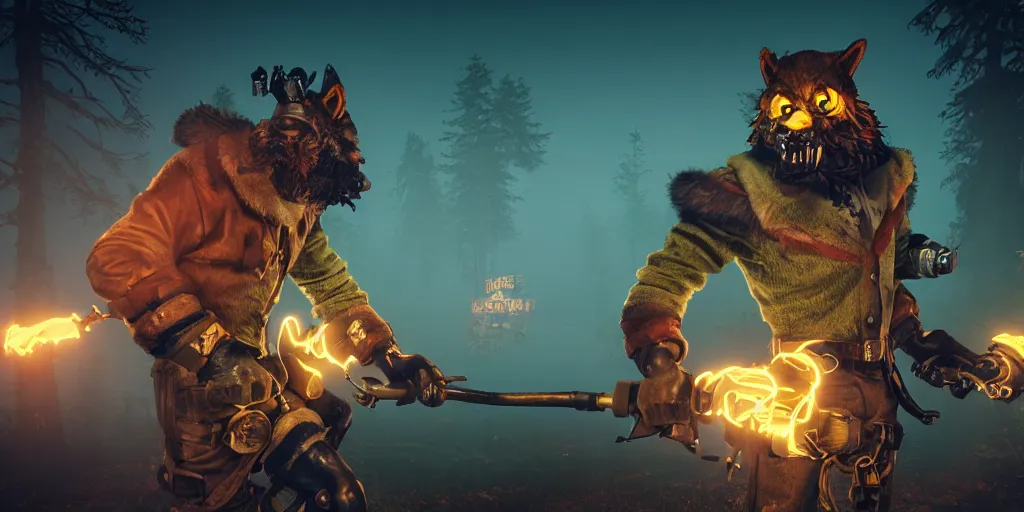 Prompt: lumberjack wearing a steampunk and neonpunk mechanical fluorescent mystical animal mask in strange misty estuary landscape fight with werewolf, night, realism in style of fornite game, 4 k, octane render, award winning photograph, epic cinematic shot, perfectly defined features, ambient occlusion