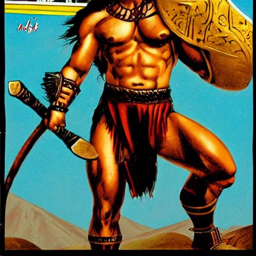 Prompt: conan the barbarian bare handed, egyptian landscape, comic book cover