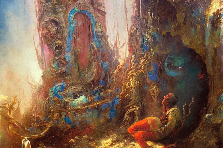 Prompt: painting of a bleeding man sitting at the edge of a portal into the astral plane. the portal is inside a cold, decrepit house. through the portal we see a vibrant tower of a thousand colors. the man is being squeezed by black tentacles. art by gaston bussiere