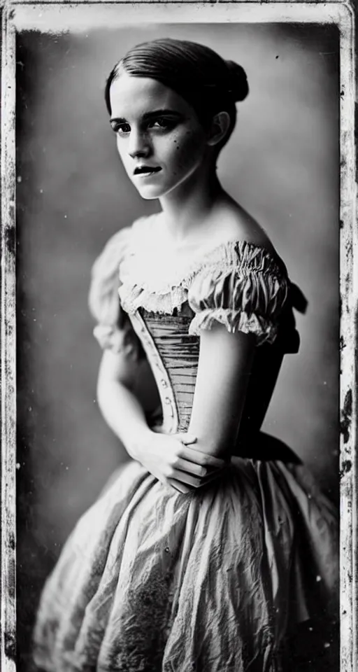 Prompt: a wet plate photograph, a beautiful portrait of Emma Watson dressed in victorian era clothes