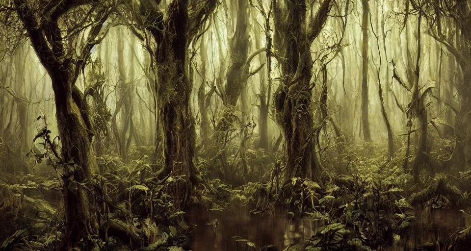 Image similar to A dense and dark enchanted forest with a swamp, by Rob Hefferan