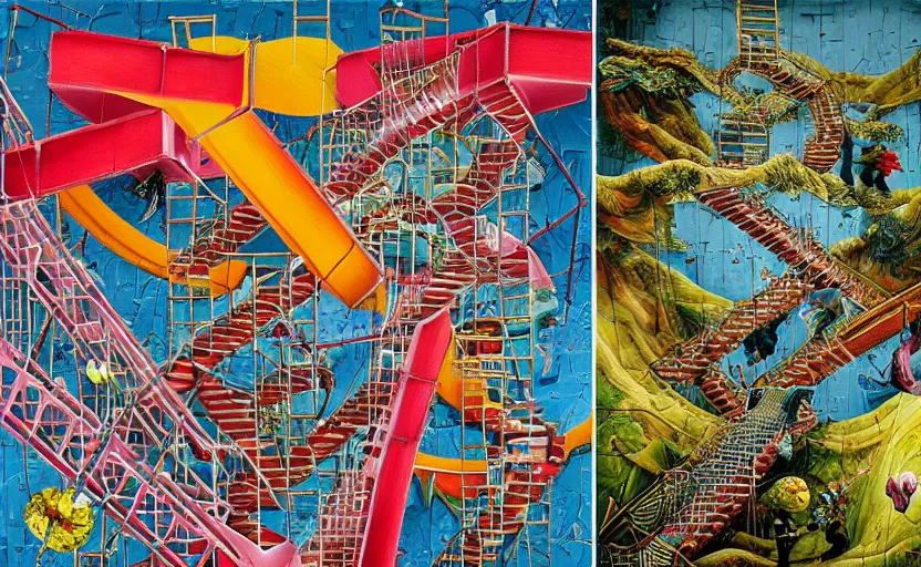 Image similar to chutes and ladders. detailed abstract painting by bordalo ii, by mc escher, by raqib shaw, japanese popsurrealism,