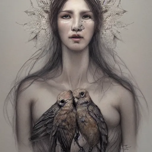 Image similar to an intricate detailed women without eyes portrait with birds by marco mazzoni