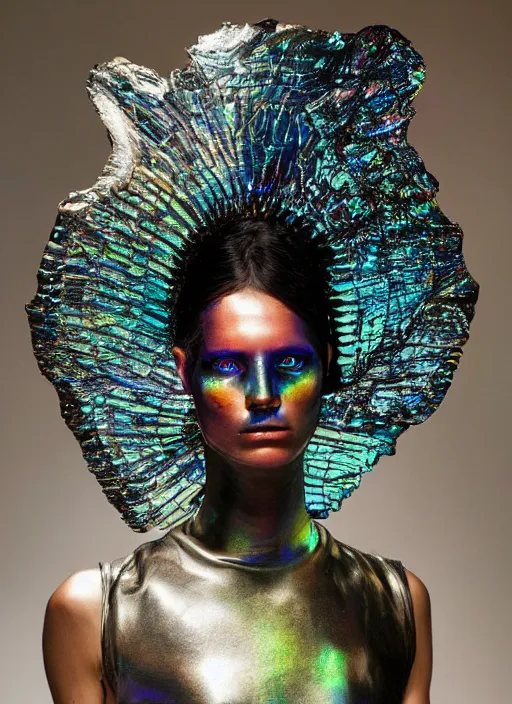 Image similar to a woman with iridescent skin, pirate clothes by van herpen, iris