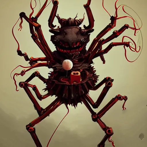 Prompt: illustration of a demon spirit of gambling and fear with six spindly arms and a cube shaped head sporting a razor smile, trending on art station, very detailed, haunting, fine detail, intricate, peter mohrbacher