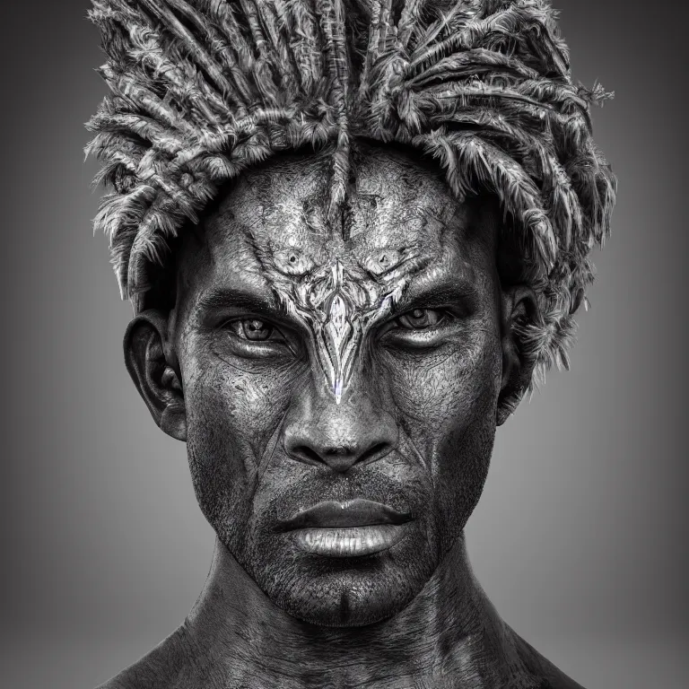 Prompt: surreal spinal ribbed tribal exotic organic face portrait of a beautiful muscled aboriginal man, beautiful detailed intricate insanely detailed BW 3D render digital art, octane render, 8K artistic photography, photorealistic