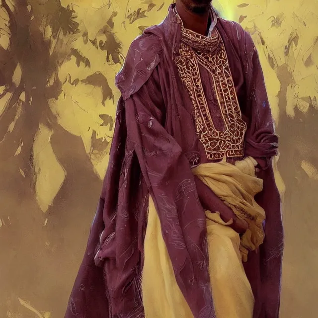 Prompt: somali man, somali attire, portrait, elegant, intricate, digital painting, artstation, concept art, smooth, sharp focus, illustration, art by konstantin korovin and daniel f. gerhartz and john howe