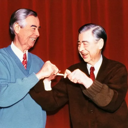 Image similar to mr. rogers and mao zedong pulling a wishbone, color photo.