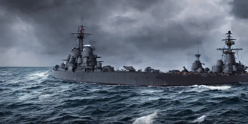 Prompt: british naval battleship sailing through a stormy night, high detail, high definition, photorealistic, 8k