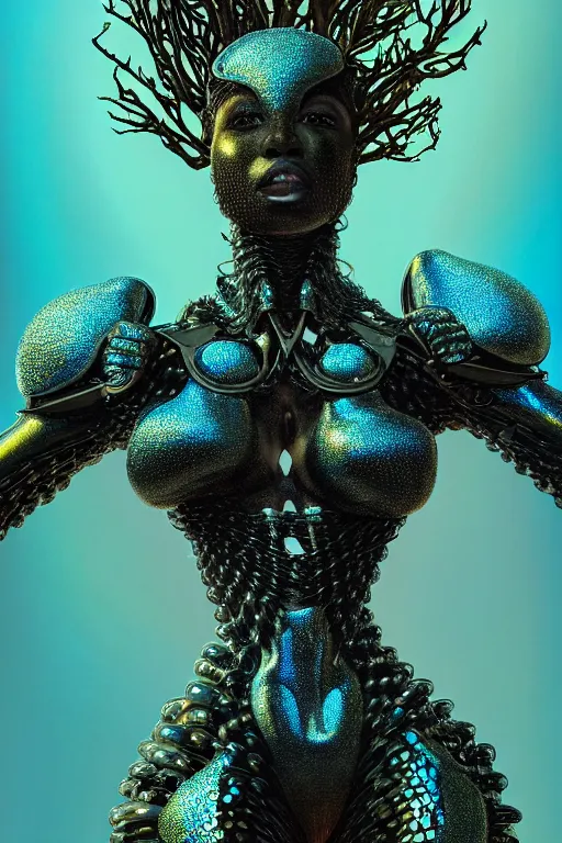 Prompt: hyperrealistic post - baroque super expressive! black woman with exoskeleton armor, merging with tree in a forest, highly detailed digital art masterpiece smooth cam de leon eric zener dramatic pearlescent blue teal light ground angle hd 8 k sharp focus