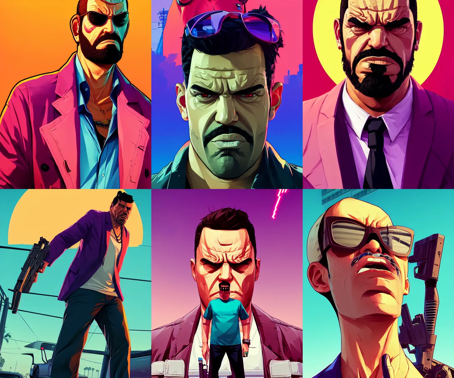 Prompt: portrait of an angry man, gta vice city cover art, borderlands style, celshading, trending on artstation, by rhads, andreas rocha, rossdraws, makoto shinkai, laurie greasley, lois van baarle, ilya kuvshinov and greg rutkowski