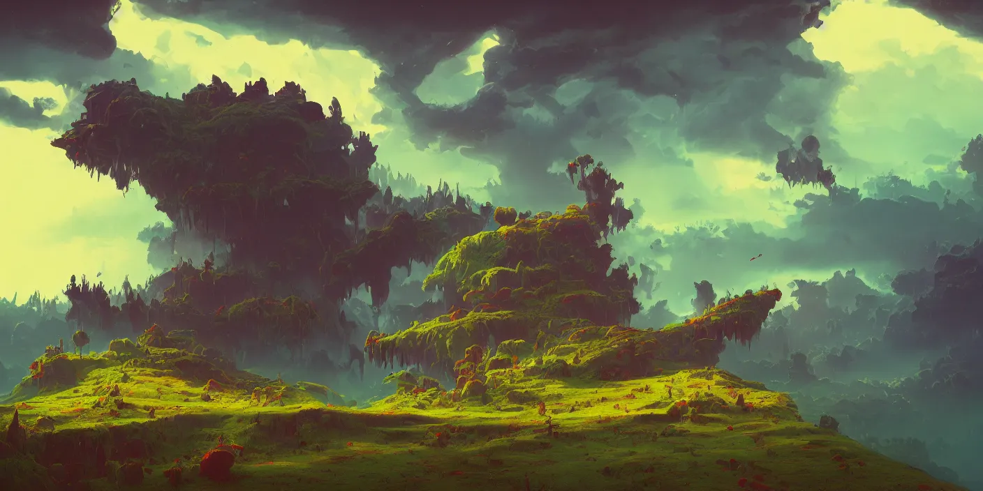 Image similar to beautiful lush landcsape with evil looming, by Roger Dean, by Anton Fadeev, by albert bierstadt, magical realism, oil on canvas, soft render, octane, artstation