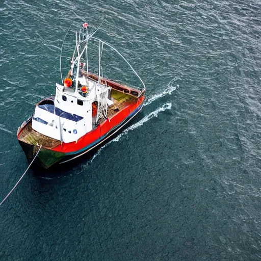 Image similar to realistic aerial drone shot of British fishing trawler