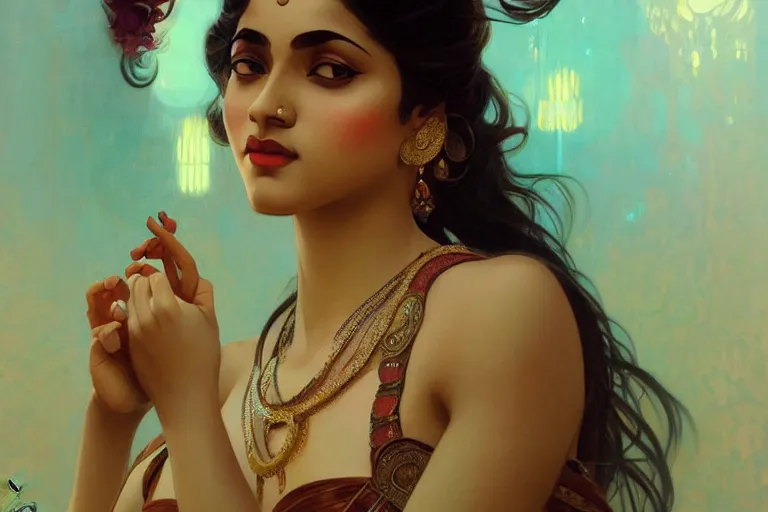 Image similar to sensual bengali girl, art deco portrait, elegant, intricate, digital painting, artstation, concept art, smooth, sharp focus, illustration, art by artgerm and greg rutkowski and alphonse mucha