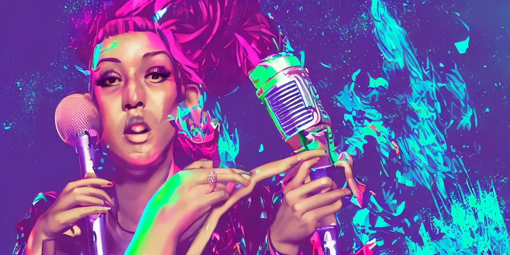 Image similar to lady rapper performs with microphone, epic pose, digital art, vapor wave, hip hop, psychedelic, surreal, trending on Artstation, professional artist, detailed, 4k