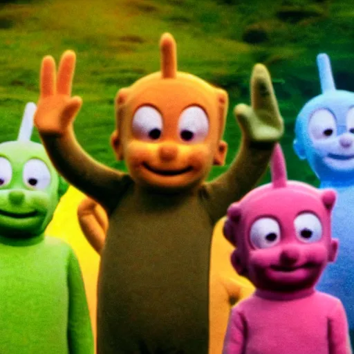 Image similar to photograph of slenderman standing behind some teletubbies, waving its arm, cinematic shot, backlighted