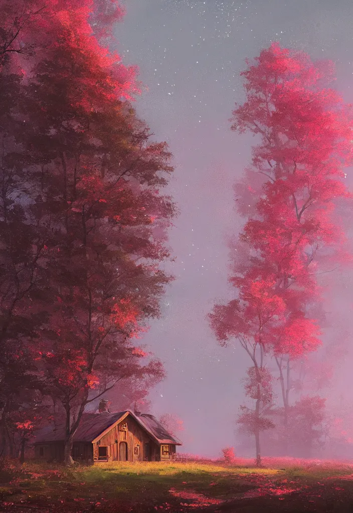 Prompt: trees with pink leaves, stars, autumn, modern cabin, artstation, jakub rozalski, high detail, dramatic lighting,