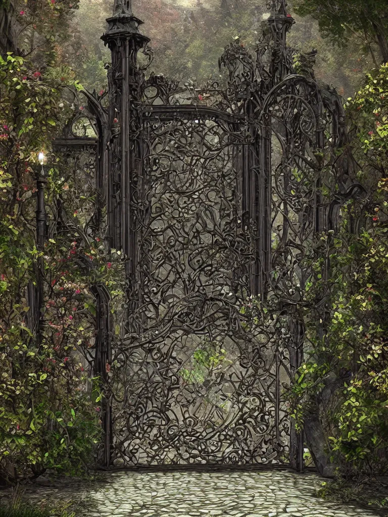 Prompt: beautiful digital painting high quality heavy iron gothic garden gate cobblestone ground artstation behance