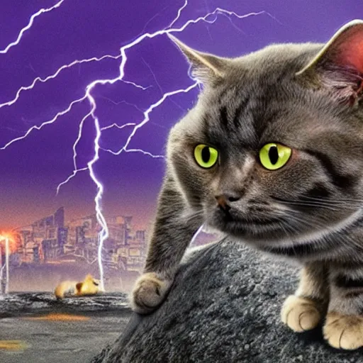 Prompt: a cat is sitting on a rock and looks at a total fallout city, while it is radioactive raining and a wild ghoul is coming nearby, there is a lightning which is purple, the cat is extrem realistic