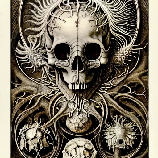 Image similar to art forms of nature by ernst haeckel, memento mori by arthur rackham, ornate antique porcelain beautiful skull mask, ultrasharp, photorealistic, hyperdetailed, octane render, polished, art nouveau, neo - gothic, gothic, intricate ornamental organic filigree, art nouveau botanicals, art forms of nature by ernst haeckel, horizontal symmetry, symbolist, visionary