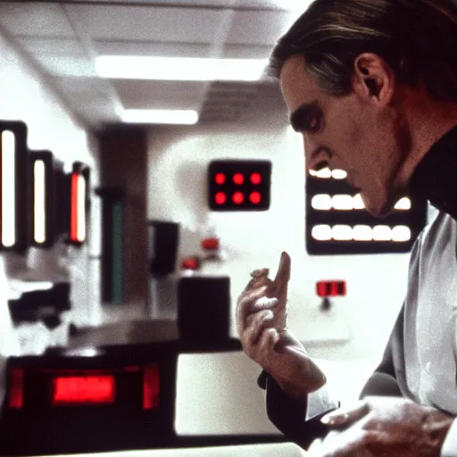 Image similar to a scene from the movie dead ringers with jeremy irons, dark cinematic lighting, heavy black and red color contrast, medical equipment