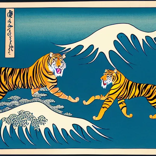 Image similar to A tiger and a lion in the style of Hokusai