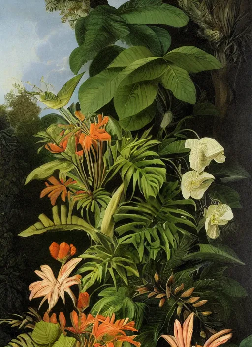 Image similar to tiger, tropical plants, botanical, large exotic flowers, biology, realistic, painted by john audubon