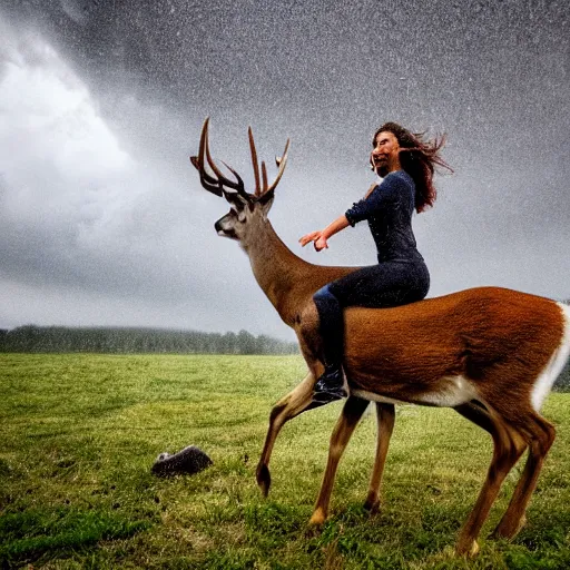 Image similar to 4 k hdr wide angle detailed portrait of a beautiful instagram model woman riding on top of a wild buck deer in a rain shower during a storm with thunder clouds overhead and moody stormy lighting sony a 7