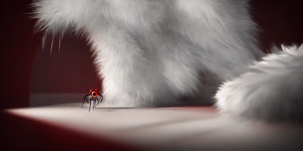 Prompt: white spider with red eyes on white glass table, fur, very realistic, highly detailed, cinematic, dynamic lighting, octane render, artstation