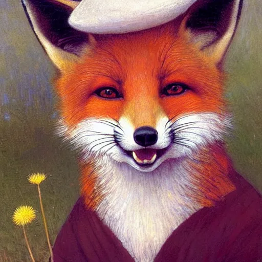 Prompt: A portrait of a fox wearing a hat which is covered in dandelions. The fox is cute and smiling. Painting by Robert Cleminson and William-Adolphe Bouguereau