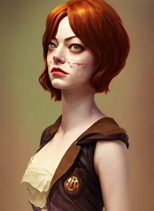 Image similar to Bioshock portrait of Emma Stone, au naturel, hyper detailed, digital art, trending in artstation, cinematic lighting, studio quality, smooth render, unreal engine 5 rendered, octane rendered, art style by klimt and nixeu and ian sprigger and wlop and krenz cushart