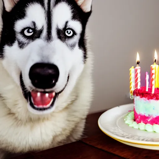 Prompt: a high - quality photo of a husky with a birthday cake, f 3. 5, sharpened, iso 2 0 0, food photography