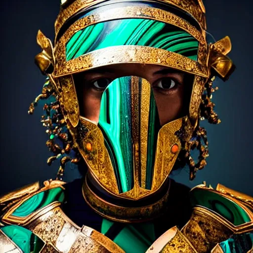 Prompt: photo of a real-life beautiful warrior with malachite armour