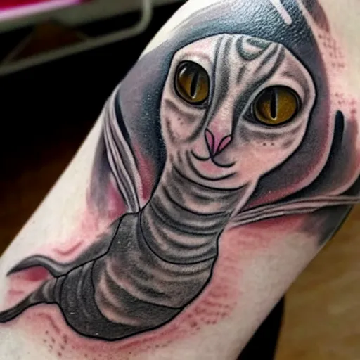 Prompt: a sphinx cat covered in cool tattoos