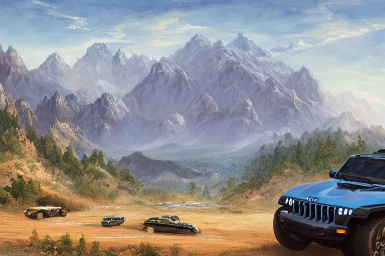 Prompt: a futurisitic well designed car by jeep and honda and lamborghini and boeing, smooth military design, mountains in the distance, day, blue sky, summer, painting by asher brown durand and star wars movie, ultra mega detailed, beautiful realistic photo, professional photography, perfect