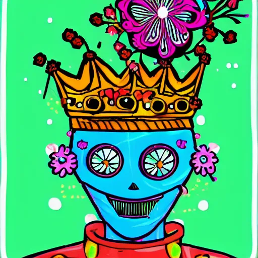 Prompt: robot wearing a crown of flowers neon colors flowerpunk