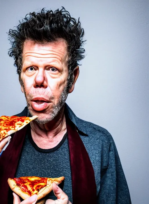 Image similar to Tom Waits eating pizza with ice cream on top, color photograph portrait 4k