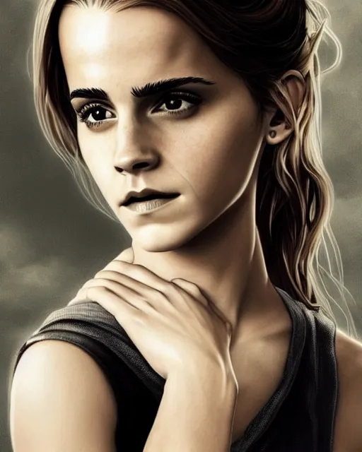 Image similar to clear portrait of emma watson, somber appearance, ripped clothing, looking her shoulder, wearing the one ring of sauron, background hyper detailed, character concept, full body, dynamic pose, intricate, elegant, highly detailed, digital painting, artstation, concept art, smooth, sharp focus, illustration, art by artgerm and greg rutkowski and alphonse mucha