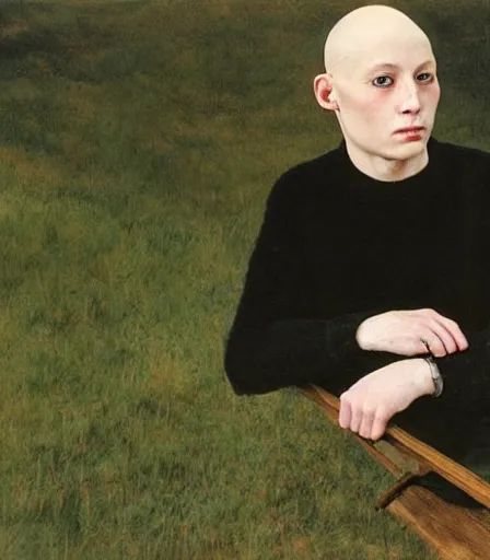 Image similar to a high quality, high detail, portrait photography of an attractive non - binary bald person by andrew wyeth