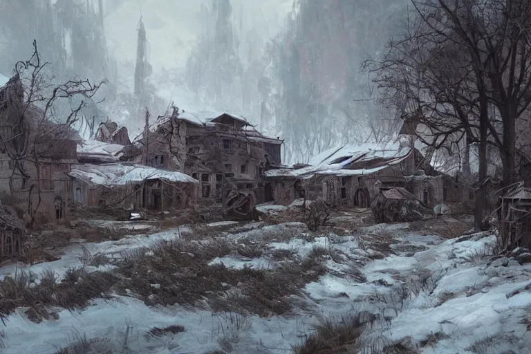 Image similar to dramatic photo of an abandoned village in the Russian outback, highly detailed, digital painting, artstation, concept art, smooth, sharp focus, illustration, art by tian zi and WLOP and alphonse mucha