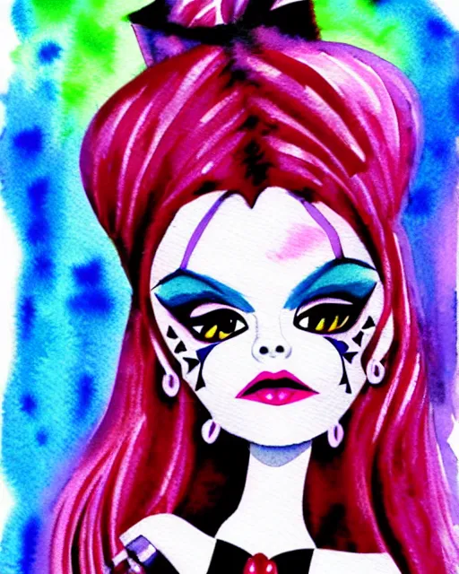 Image similar to watercolor portrait of monster high draculaura doll, by darkodordevic, watercolor