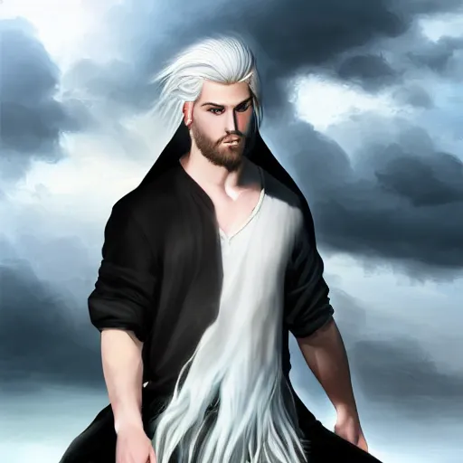 Image similar to a portrait of a young handsome prince, fringy white hair, white shirt, black tunic, smooth, epic clouds, beautiful landscape, backlit, incredible lighting, strong rim light, highly detailed, god rays, digital painting, HDRI, by Heise Jinyao, Heise-Lian Yan Fang, Feimo, Richard Taddei, vivid colors, high contrast, 8k resolution, intricate, photorealistic